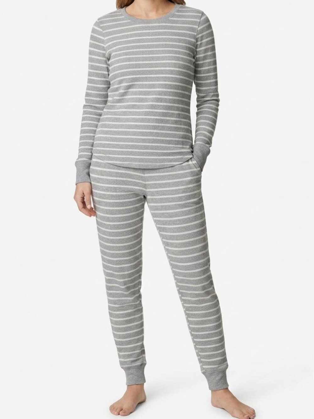 Gilligan & O'Malley Grey White Stripe PJ Thermal Set Women's Size XS